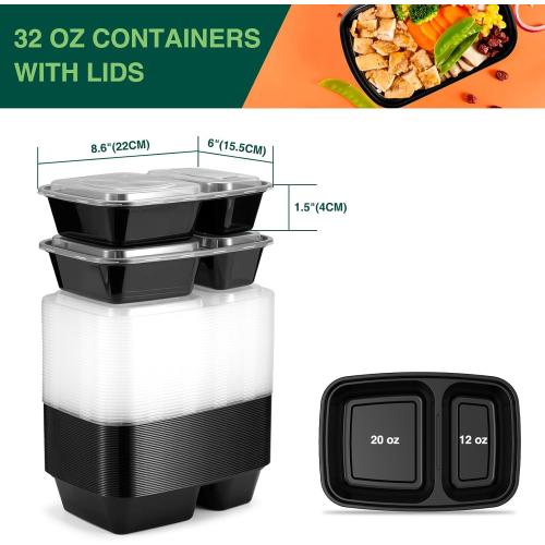 50 Pack (100-Piece) 32 oz Sturdy Leakproof 2-Compartment Meal Prep Containers with Lids, Plastic Food Storage Containers for Lunch, Microwave, Freezer, and Dishwasher Safe Takeout Containers