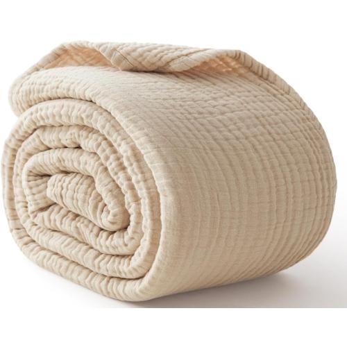product is good -damage box -100% Cotton Blanket Large 106in.X94in ( 269 cmx239cm) .  Layers Muslin Blankets, Cooling and Soft Throw Blanket for Couch, Breathable Quilt Bedspread, Gauze Bedding for Adults, Oatmeal, Beige Linen