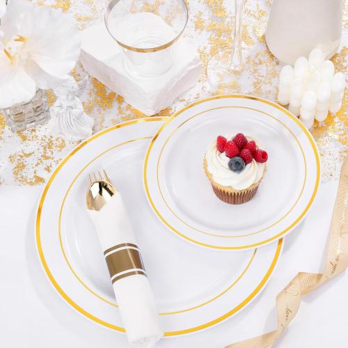 WELLIFE 350-Piece Gold Disposable Plates and Cutlery Set - Premium 10.25 Dinner Plates, 7.5 Dessert Plates, 9oz Cups & Cutlery for Weddings, Catering Events - 50 Guest Service - Elegant & Sturdy
