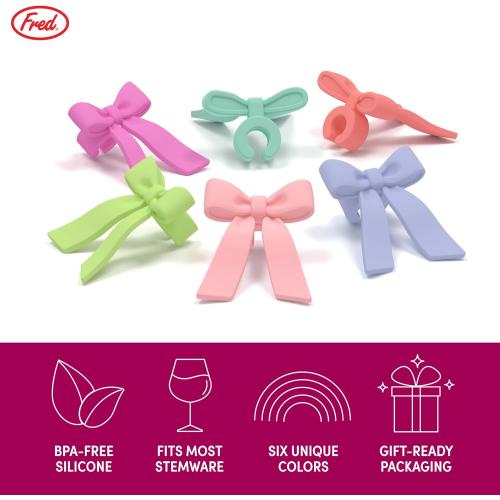 Genuine Fred TIE ONE ON Bow Drink Markers, Set of 6 Silicone Drink IDs, Easy to Clean, Reusable, Fits Most Stemware, Perfect for Parties, Bachelortte, and Gifts 2pks