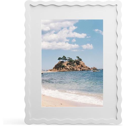 11x14 Picture Frame with Mat for 8x10, Wavy Edge Wooden Real Glass Photo Frame for Wall Hanging, White, 1 Pack