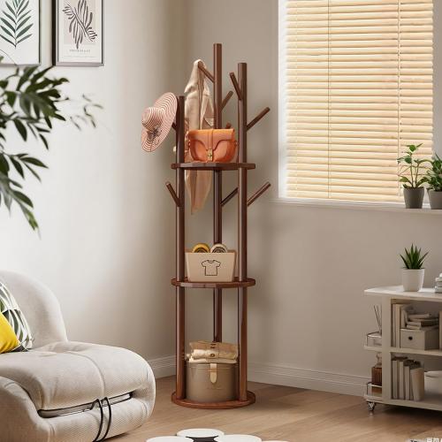 Simcat Wood Coat Rack with 3 Shelves and 9 Hooks Coat Tree Hanger Freestanding Coat Rack for Bedroom, Hallway, Entrance, Office, for Hats, Coats, Scarves, Handbags (Fixed rack walnut color)
