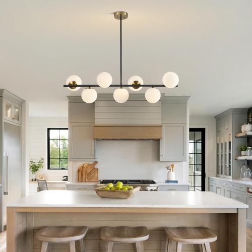 KCO Lighting Black and Brass Linear Pendant Light Mid Century Modern Sputnik Chandelier 7 Lights Milk Glass Globe Kitchen Island Pendant Lighting for Dining Room Living Room
