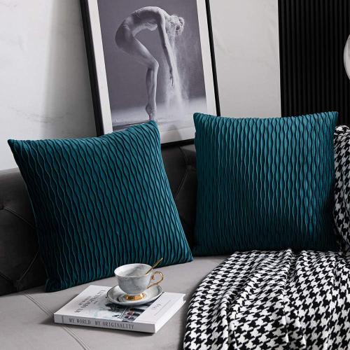 18x18 Teal Throw Pillow Cases: 2 Pack Original Striped Velvet Square Decorative Pillow Covers for Farmhouse Couch