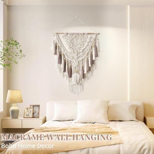 Lokeisna Macrame Wall Hanging, Woven Tapestry Beige & Dusty Rose Handmade Craft Macrame Wall Decor, Gallery & Nursery, Size 37.4” Lx27.5” W