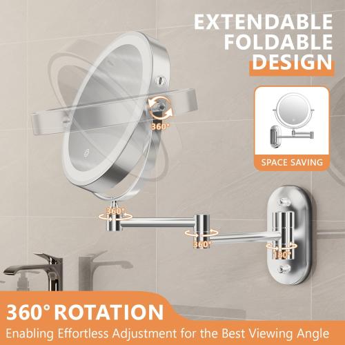 Auxmir 1X/30X Wall Mounted Makeup Mirror with Light, 8 Rechargeable Double-Sided Magnifying Mirror, Vanity Mirror Dimmable 3 Color Light, 360° Extension Rotation Foldable 14.5 Inch Arm, Chrome