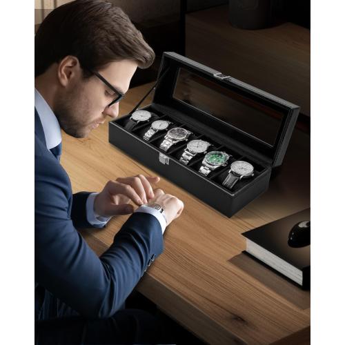Ohuhu Watch Cases for Men Watch Box 6-Slot PU Leather Real Glass Lid Jewelry Organizer Storage Soft Velvet Watch Holder Display Case for Women Birthday Fathers Day Valentine's Day Gifts