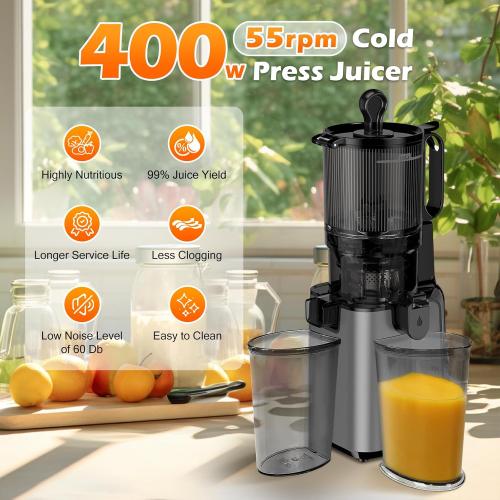 Juicer Machines with 5.8 Large Feed Chute, 400W Cold Press Juicer for Whole Vegetables and Fruits, Slow Masticating juicer Easy to Clean Juice Extractor Machine High Juice Yield(Titanium Gray)
