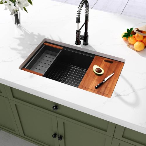 Black Undermount Kitchen Sink,16 Gauge Stainless Steel Sinks,Single Bowl Workstation Sink,Modern Kitchen Sink Offset Drain (33 X 18)