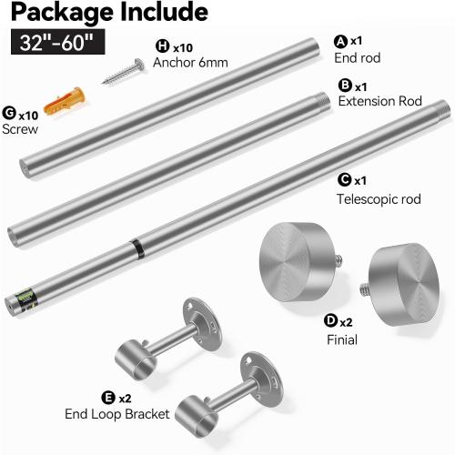 YaFex Heavy Duty Curtain Rods 32-60 Inch, 1 Inch Adjustable Curtain Rod for Windows, Silver Short Window Treatment Rods with Aluminium Finials, Easy Installation