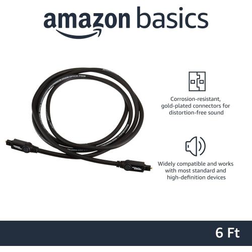 Amazon Basics Toslink Digital Optical Audio Fiber Optic Cable, Multi-Channel, for Sound Bar, Audio System, Home Theatre, Game Console, Blu-Ray Player, Gold-Plated Connectors, 6 Foot, Black