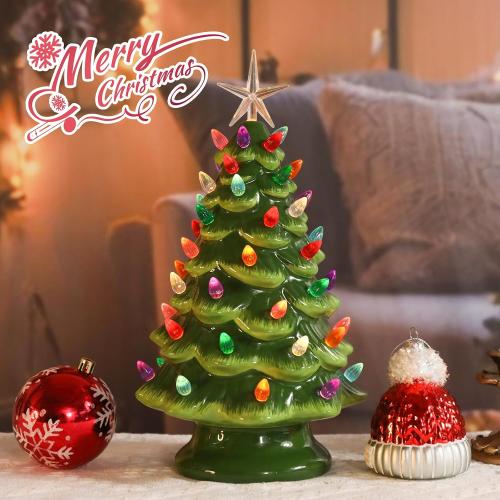 VCUTEKA Small Ceramic Christmas Tree Hand-Painted Vintage Tabletop Green Christmas Tree Holiday Decoration with Multi-Color Lights Xmas Trees 12 inch