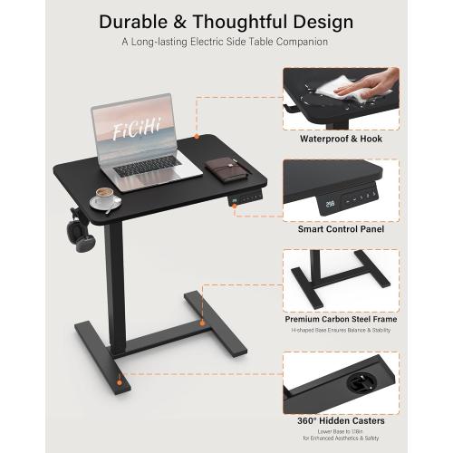 Small Electric Standing Desk - Adjustable Height Bedside Laptop Table with Wheels, Mobile, Portable Rolling Computer Workstation Sit Stand Table for Home Office, Sofa, Couch Use WHITE