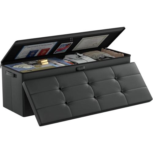 DocSafe Storage Ottoman Bench,Fireproof＆Waterproof Folding Bench with Lock(15”x 43”x15”),Leather Storage Chest with Handles＆2 Extra Boxes,Ottoman Safe for Bedroom,Living Room,Home Office,Black