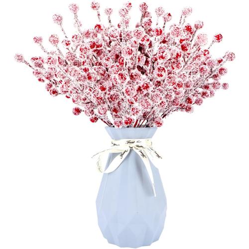 24Pcs Artificial Berry Picks Snow Sprays Christmas Frosted Holly Berry Stems Twigs Winter Branches for Christmas Tree Fillers Decor Holiday Arrangement Wreaths Garland Crafts DIY Ornaments (Red)
