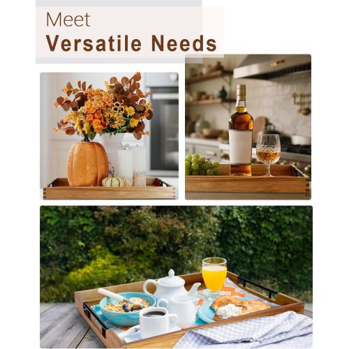 22 Inches Acacia Wood Serving Tray with Metal Handles, Large Wooden Rectangle Ottoman Tray, Decorative and Durable Design for Living Room Coffee Table Couch Kitchen