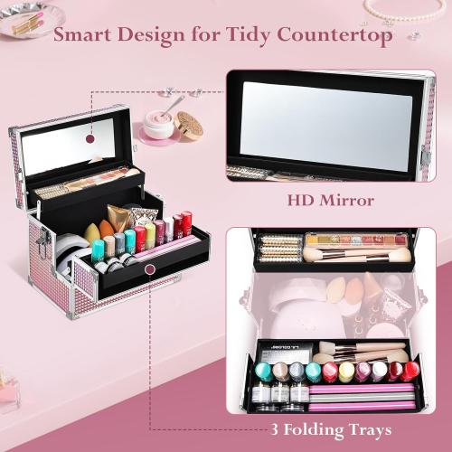 Joligrace Large Makeup Box Organizer, 12 Inch Makeup Train Case with Mirror, Cosmetic Travel Case with 3 Trays, Lockable Train Case for Makeup Artists & Nail Tech Supplies Pink