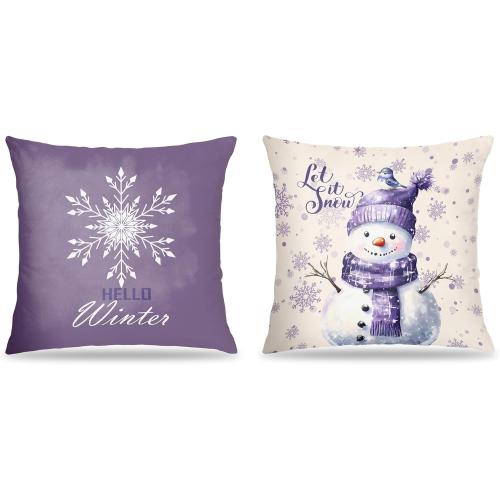 Purple Christmas Snowflake Snowman Pillow Covers 18x18 Set of 2, Winter Home Decor, Purple Hello Winter Snowman Holiday Xmas Decorative Pillow Covers for Home Living Room Bedroom