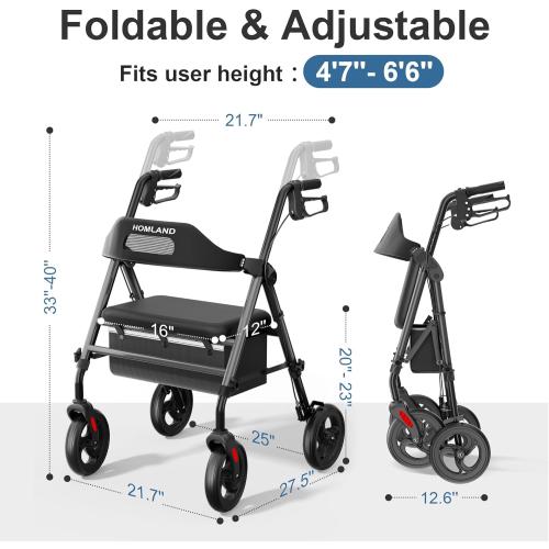 HOMLAND Foldable Rollator Walkers with Seat for Seniors, 8'' Big Wheels, 350 lb. Weight Capacity, Adjustable Handles and Seat Height, Lightweight Rolling Walker,‼️maroon and black‼️