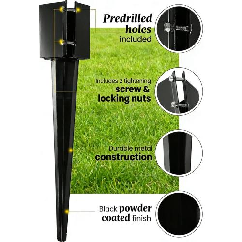 4 Pack 24'' Fence Post Anchor Ground Spike Metal Black Powder Coated 24 x 4 x 4 Inches Outer Diameter (Inner Diameter 3.5 x3.5 Inches)