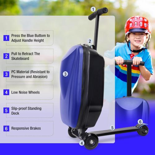 20 Kids Scooter Suitcase Ride-On Carry-On - 2-in-1 Lightweight Hardshell Luggage for Airplane Travel, Foldable Rolling Suitcase for Boys & Girls Ages 4-12