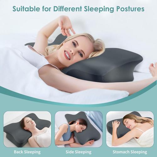 Cervical Neck Pillow, Ergonomic Memory Foam Cervical Pillows, Contour Side Sleeper Pillows for Adults, Orthopedic Neck Support Pillow for Back Stomach Sleeper with Removable Pillowcase (Dark Grey)