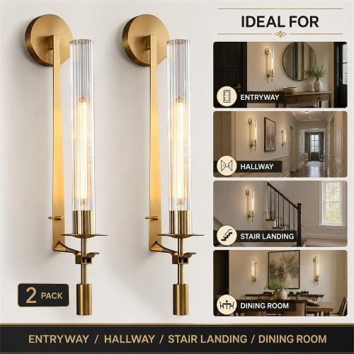 LIGHTLAND Gold Wall Sconces Set of 2, 28 Inch Modern Metal Glass Wall Light Fixture, Wall Lamp for Living Room Bedroom Hallway