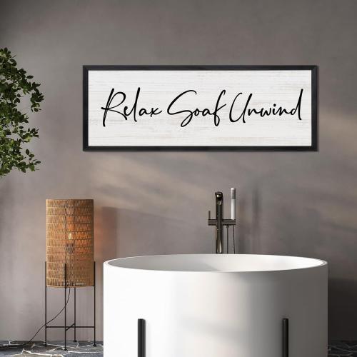 Relax Soak Unwind Wooden Sign Framed Wall Art, 32''×12'' Rustic Horizontal Motivational Bathroom Quote Wood Plaque, Farmhouse Long Inspirational Shower Room Saying Wood Sign Wall Decor for Bathhouse Wash Room