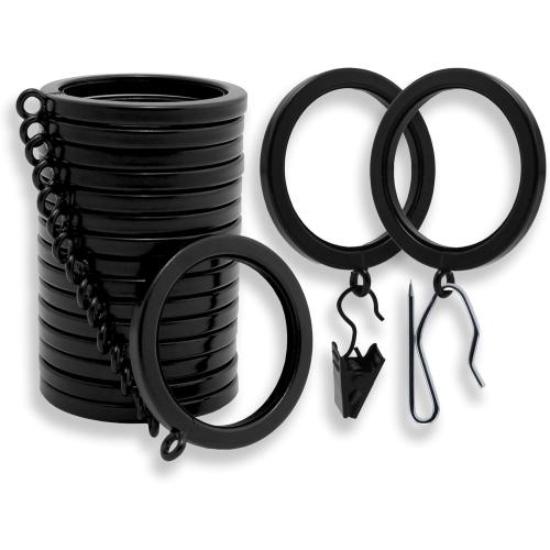 BlastHome® Luxury Curtain Rings – Premium Metal with Quiet, Smooth, Removable Nylon Inserts – Pinhooks and Clips Included – 1 1/2 Inside Diameter – 18 Rings for Two Standard Curtains – Tuxedo Black