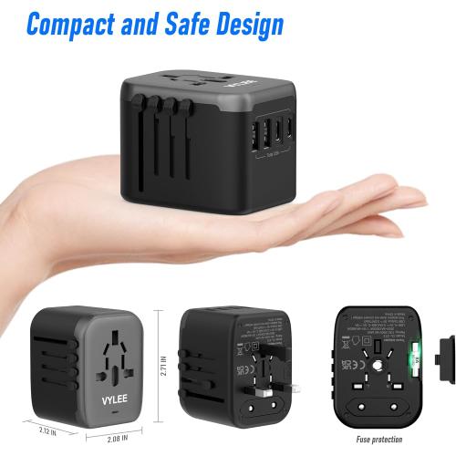 Universal Travel Adapter, VYLEE 5 in 1 International Power Adapter, 3.5A 2xUSB-A and 2xUSB C Wall Charger, Worldwide Travel Essentials Plug for Europe USA UK AUS Asia (Black Grey)