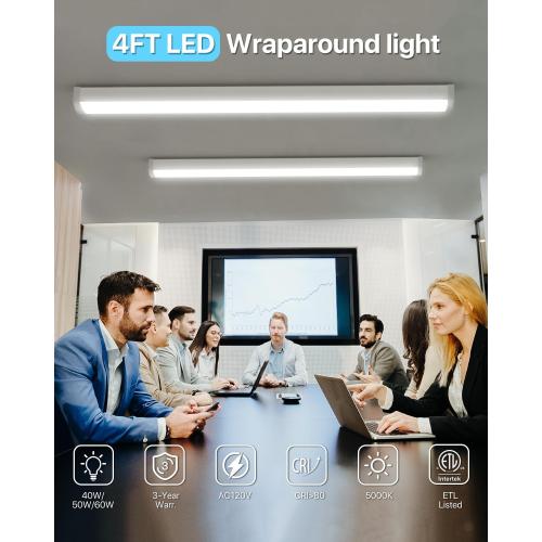 HYPERLITE 4FT 60W LED Wraparound Light, 6600lm Linkable 60W/50W/40W 5000K Led Shop Lights Surface Mounting, ETL,AC120V LED Ceiling Office Wrap Light for Kitchen, Hallway, Fluorescent Replacement, 4P