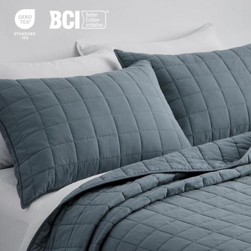 EVERGRACEHOME 100% Cotton Box Stitch Quilt Bedding Set King Size 3 Pieces, Garment-Washed Lightweight Soft Cozy Coverlet, Oversized Quilted Bedspread Sets with 2 Shams for All Season, Midnight Blue
