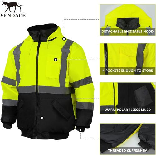 VENDACE High Visibility Reflective Safety Jackets for Men Polar Fleece Lining ANSI Class 3 Hi Vis Winter Bomber Jacket Hoodie(Yellow,L)