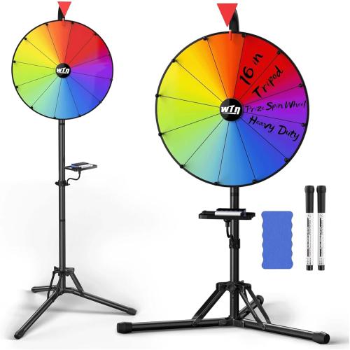 16 Spin the Wheel Game with Stand, Prize Wheel Spinner | Adjustable 36-64 Height, 12 Dry Erase Slots, Foldable Tripod Stand for Carnivals, Trade Shows, Parties and Events
