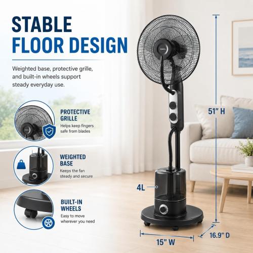 16 Misting Pedestal Fan with 4L Humidifier | 70° oscillating fan with 3 speeds, AC copper motor, anti-dry burn protection, and wheels for home, office, or bedroom use.