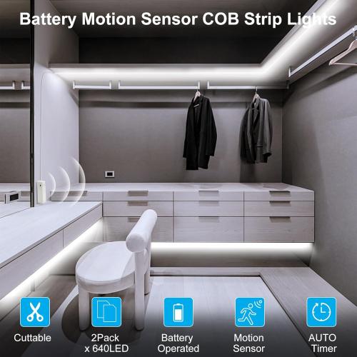 DBFAIRY 2 Pack COB Motion Sensor Strip Light Battery Operated, 6.6Ft 640 LED Cabinet Strip Lights High Bright with Sensor Lighting Mode for Wardrobe Stair Pantry Counter Cabinet Bed,6000K White