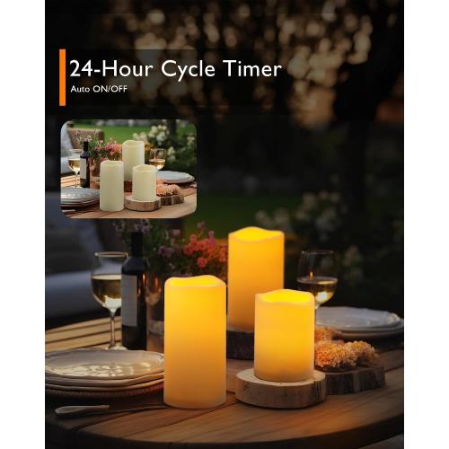 Homemory Outdoor Waterproof Flameless LED Candles with Remote Timer, 3 Pack | D3xH456, battery operated flickering LED pillar c, les, porch, patio, garden, lanterns, fall , Halloween outdoor decor