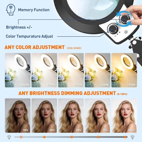 KIRKAS 12X Magnifying Glass with Light and Clamp, Extra-Long Arm Magnifying Lamp Overhead Knob for Workbench Craft Repair Sewing, LED Lighted Magnifier Real Glass Lens Stepless Dimming and Color