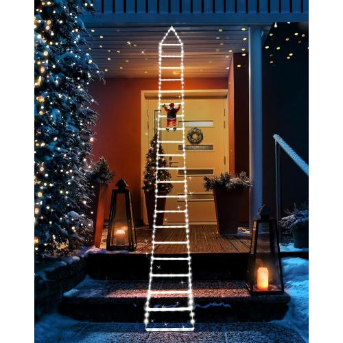 Christmas Decorations LED Ladder Lights with Climbing Santa Claus, 10ft Outdoor Christmas Decorative Light - 8 Modes Xmas Lights Tree for Home Holiday Wall Window Xmas Decor (Cool White)
