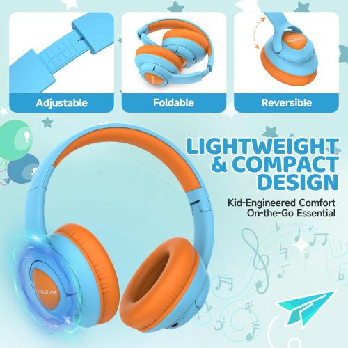 VibeTune Kids Bluetooth Headphones, 60H Playtime, Volume Limited 85/94dB, Bluetooth 5.4, Type-C Fast Charging, Foldable Wireless Headphones for Kids, Toddler Headsets with HD Mic-Blue