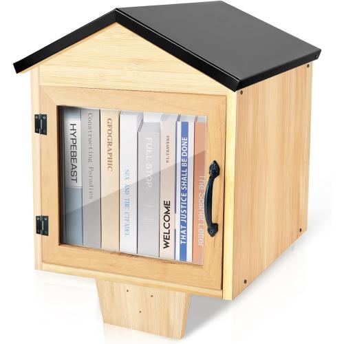 Outdoor Little Library Book Exchange Box Little Storage Wood Books Cabinet for Neighborhood Community, School Sharing Books, Newspapers, Literature