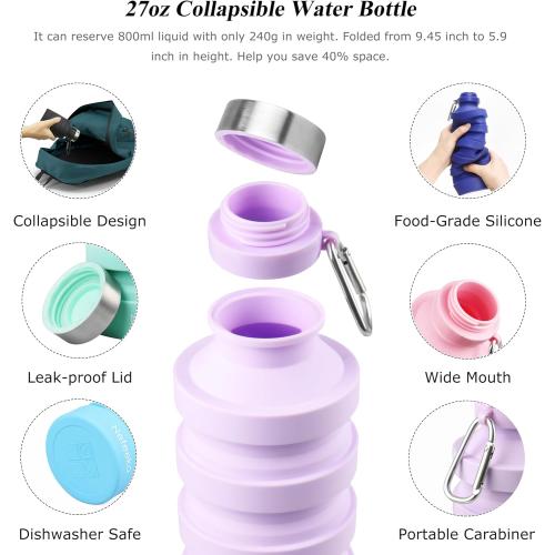 Nefeeko Collapsible Water Bottle, Reuseable BPA Free Silicone Foldable Water Bottles for Travel Gym Camping Hiking, Portable Leak Proof Sports Water Bottle with Carabiner