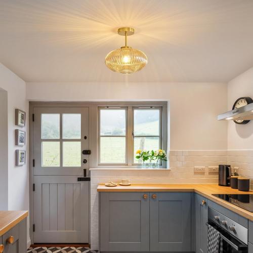 Amber Ribbed Glass Ceiling Light: 11.8 Vintage Semi Flush Mount Ceiling Lights - Mid Century Modern Brass Light Fixture - Minimalist Drum Decorative Lighting Fixtures for Bedroom Living Room Entryway