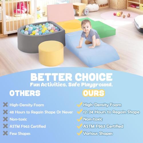 Toddler Climbing Toys Indoor, Baby Foam Climbing Blocks with Ball Pit for 1-3 Years Old, 6-Piece Soft Play Set Climbing Blocks, Climb Crawl Activity Play, Birthday (Balls not Included)