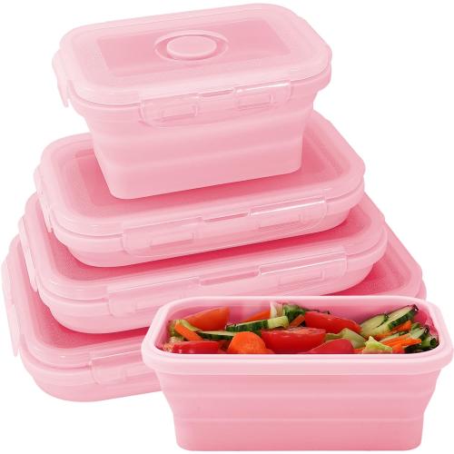 Collapsible Silicone Food Storage Containers with Lids,Set of 4 Silicone Lunch Box Containers,Foldable Meal Prep Container for Kitchen,Microwave & Dishwasher & Freezer Safe,BPA Free(Square Pink,8pcs)