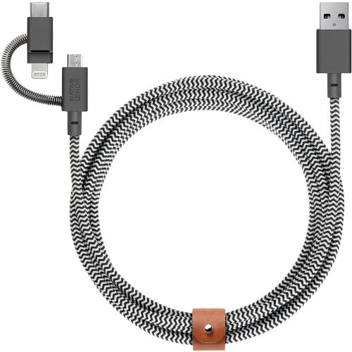 Native Union Belt Cable Universal - 6.5ft Ultra-Strong Reinforced [MFi Certified] Durable Charging Cable with 3-in-1 Adaptor for Lightning, USB-C and Micro-USB Devices (Zebra)