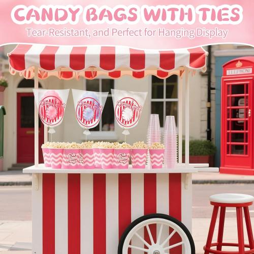 woric  Cotton Candy Bags with Ties 11.8 x 17.7 Inch Clear Cotton Candy Bags with Print for Carnivals Party and Kitchen