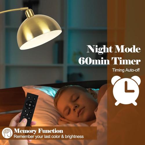 Gold【Upgraded】 Arc Floor Lamps for Living Room - Stepless Dimmable Gold Tall Lamp with Remote Control & Color Temperature 9W LED Bulb, Over Couch Arched Reading Standing Lamp for Bedroom Brass