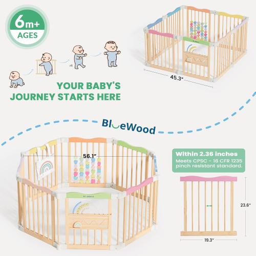 Foldable Wooden Baby Playpen, 45 x 45 x 24 inches, Pastel Dream, Colorful | Adjustable Wood Play Yard, Indoor Large Safety Fence for Babies and Toddlers, Built-in Toys Design