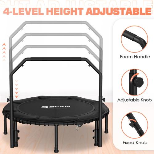 BCAN Adult Mini Trampoline, 48 Fitness Trampoline with Bungees, U Shape Adjustable Foam Handle, Stable & Quiet, Indoor Outdoor Workout-Black